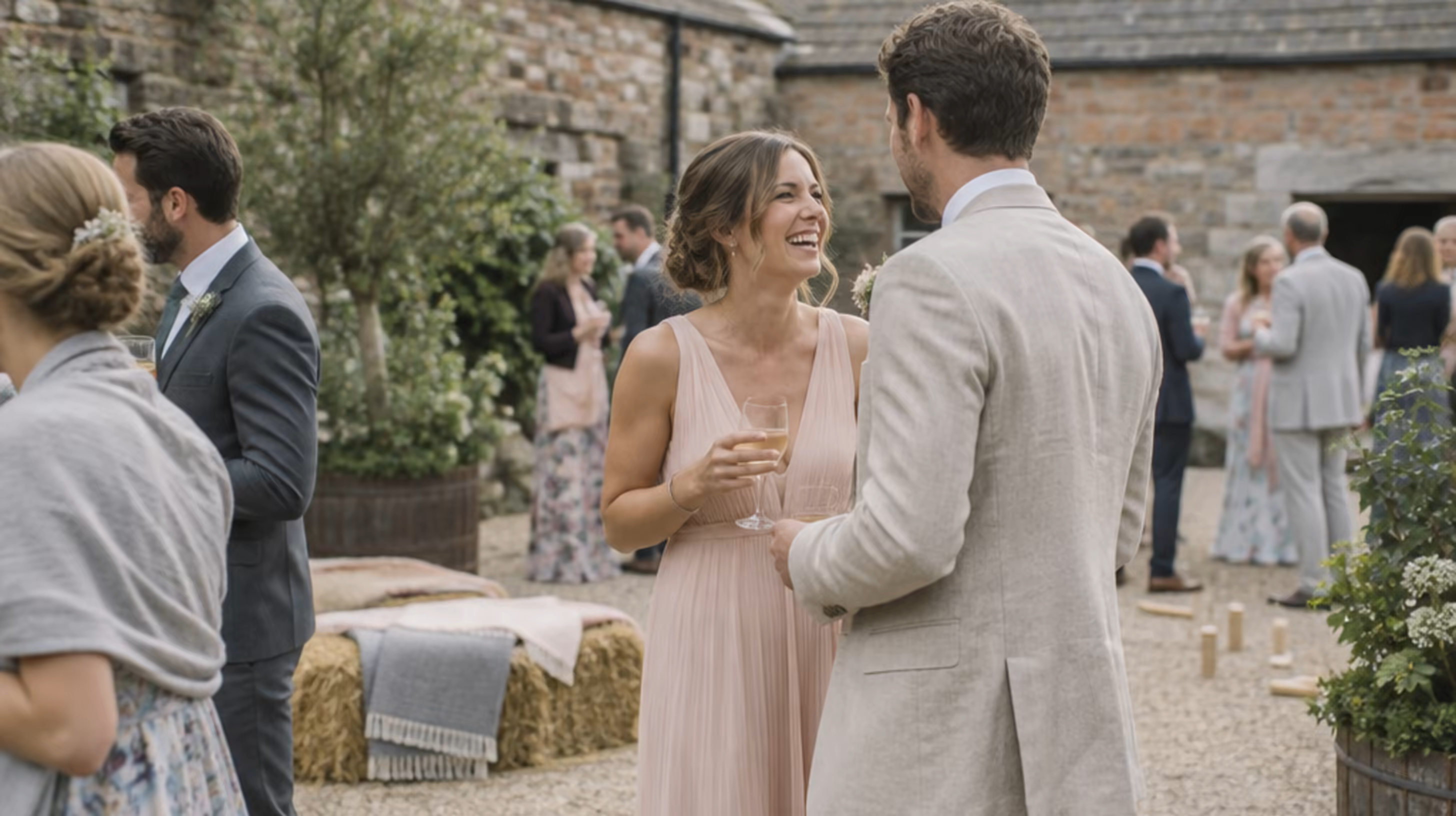 Guests with drinks in the walled stone courtyard