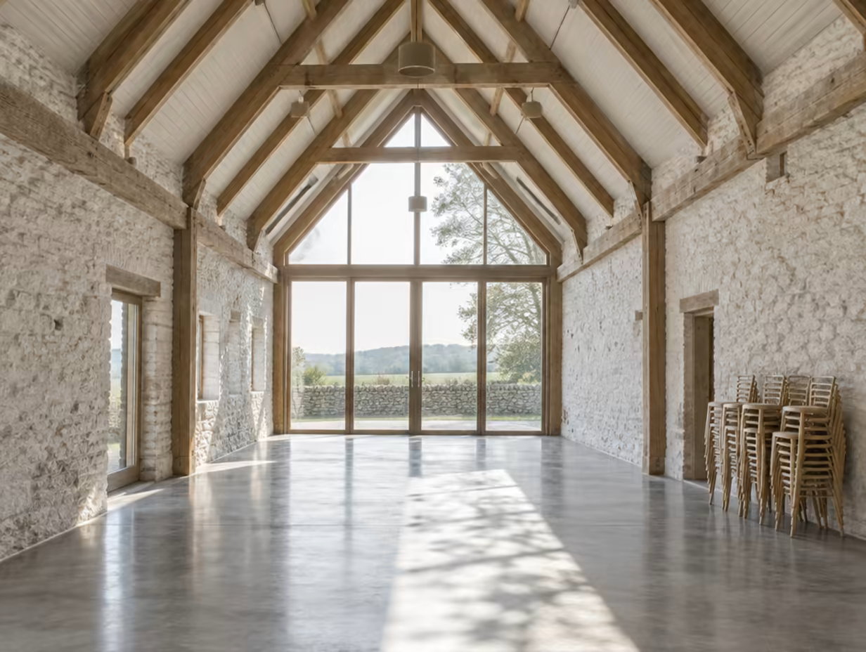 The empty barn interior with oak beams and a glazed end wall
