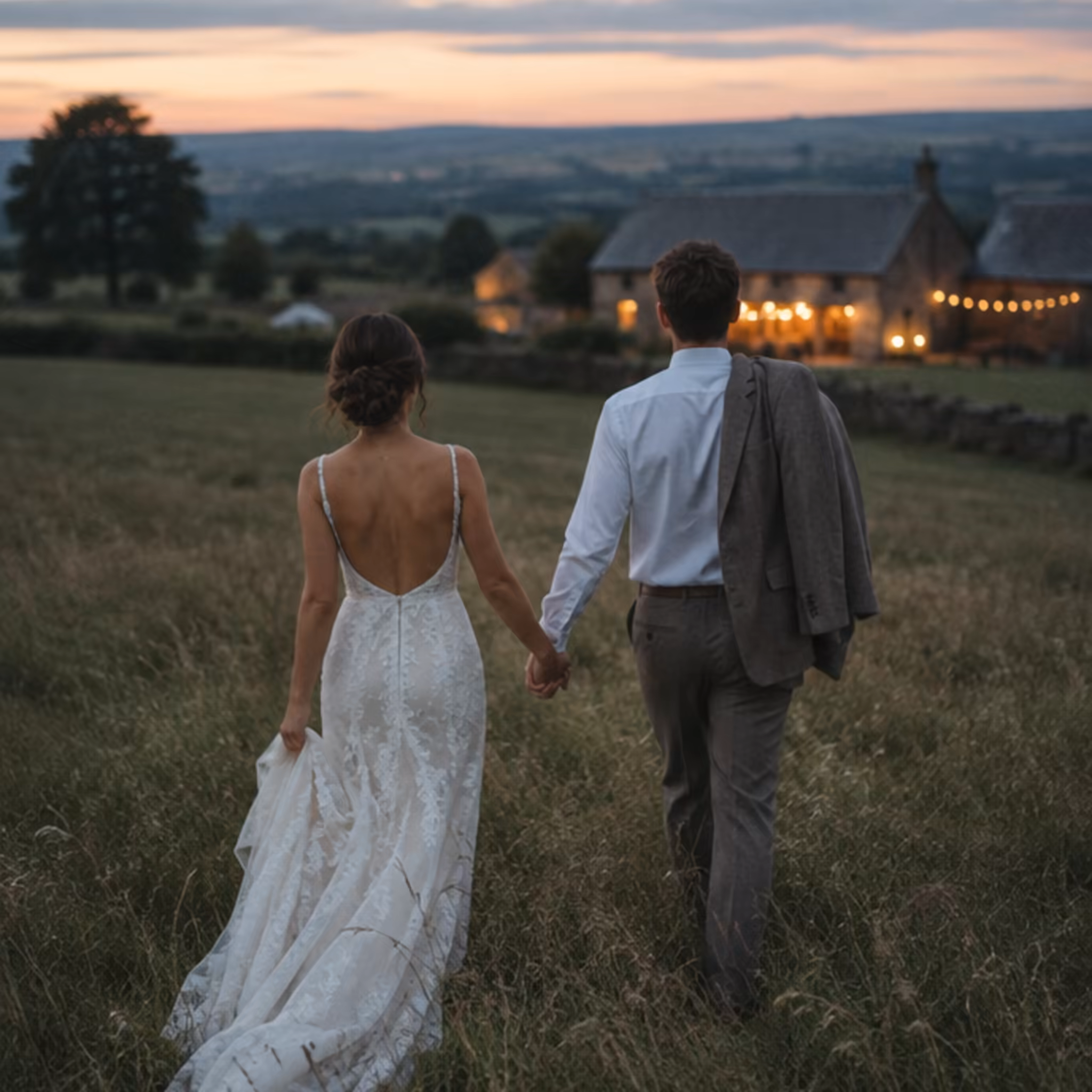 A couple walking out into the meadow at dusk