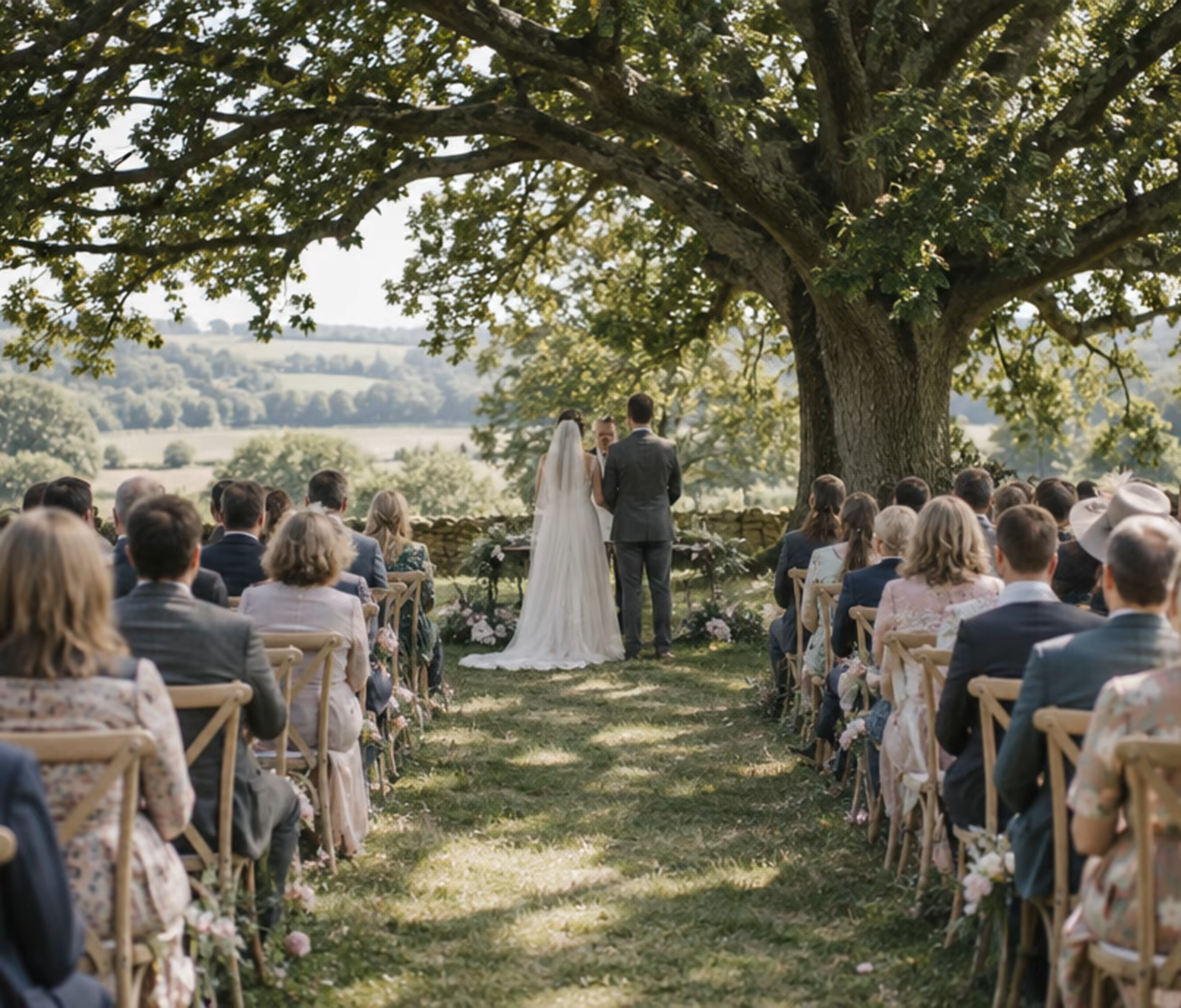Rows of wooden chairs on grass beneath an oak tree