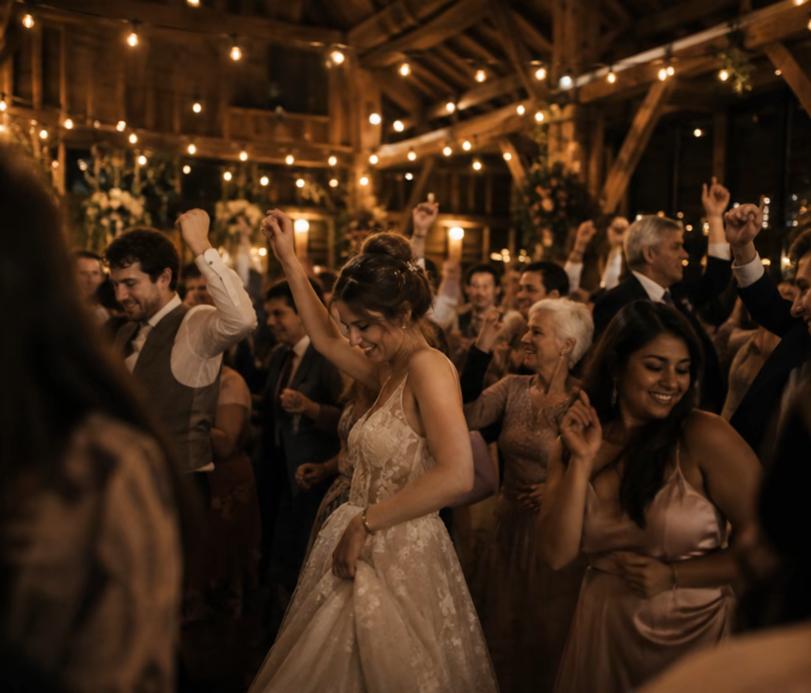Guests dancing in the barn under festoon lights