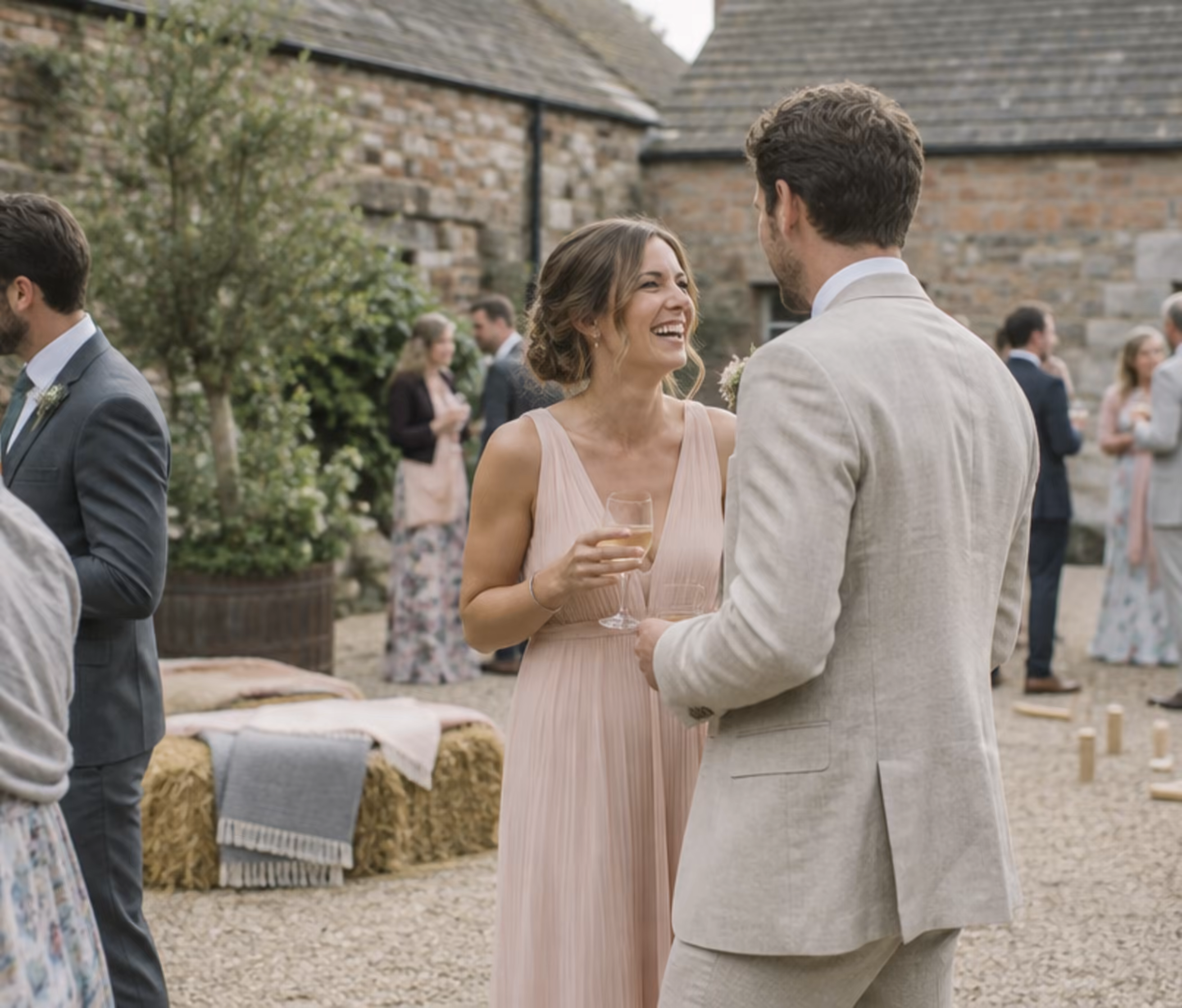 Guests standing with drinks in a walled stone courtyard