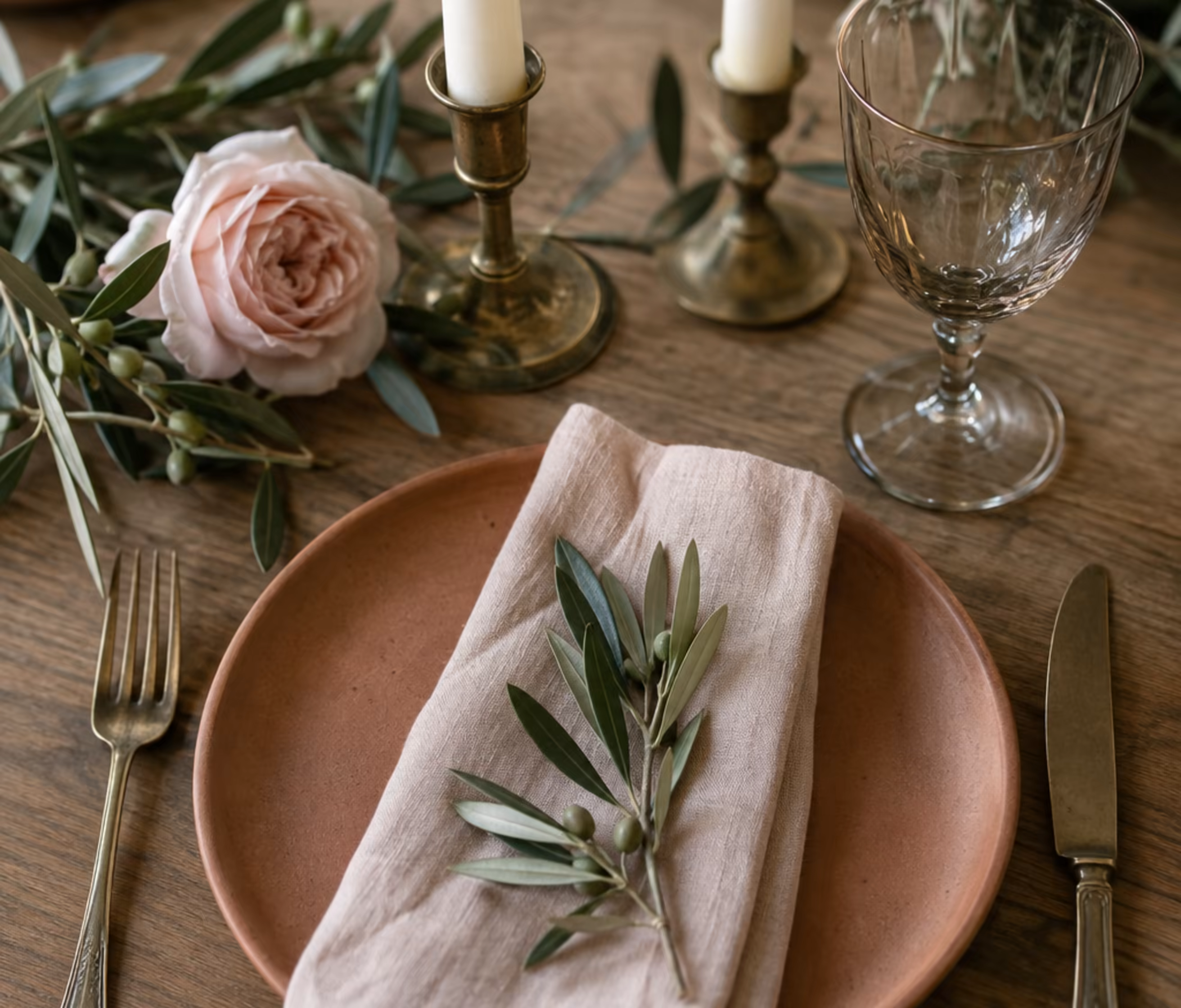 A close view of a table setting with candles and blush linen