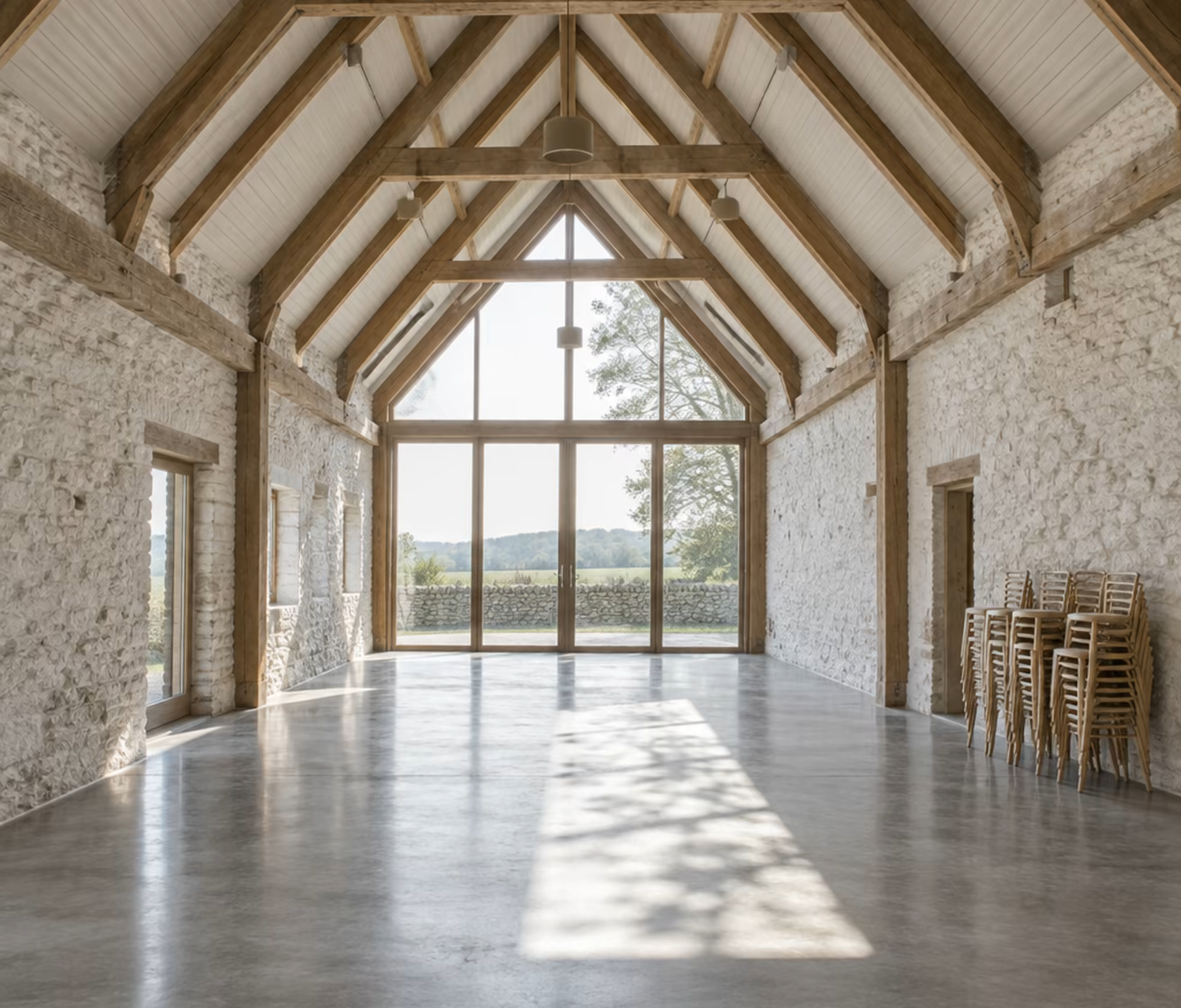 The empty barn interior with oak beams and a glazed end wall