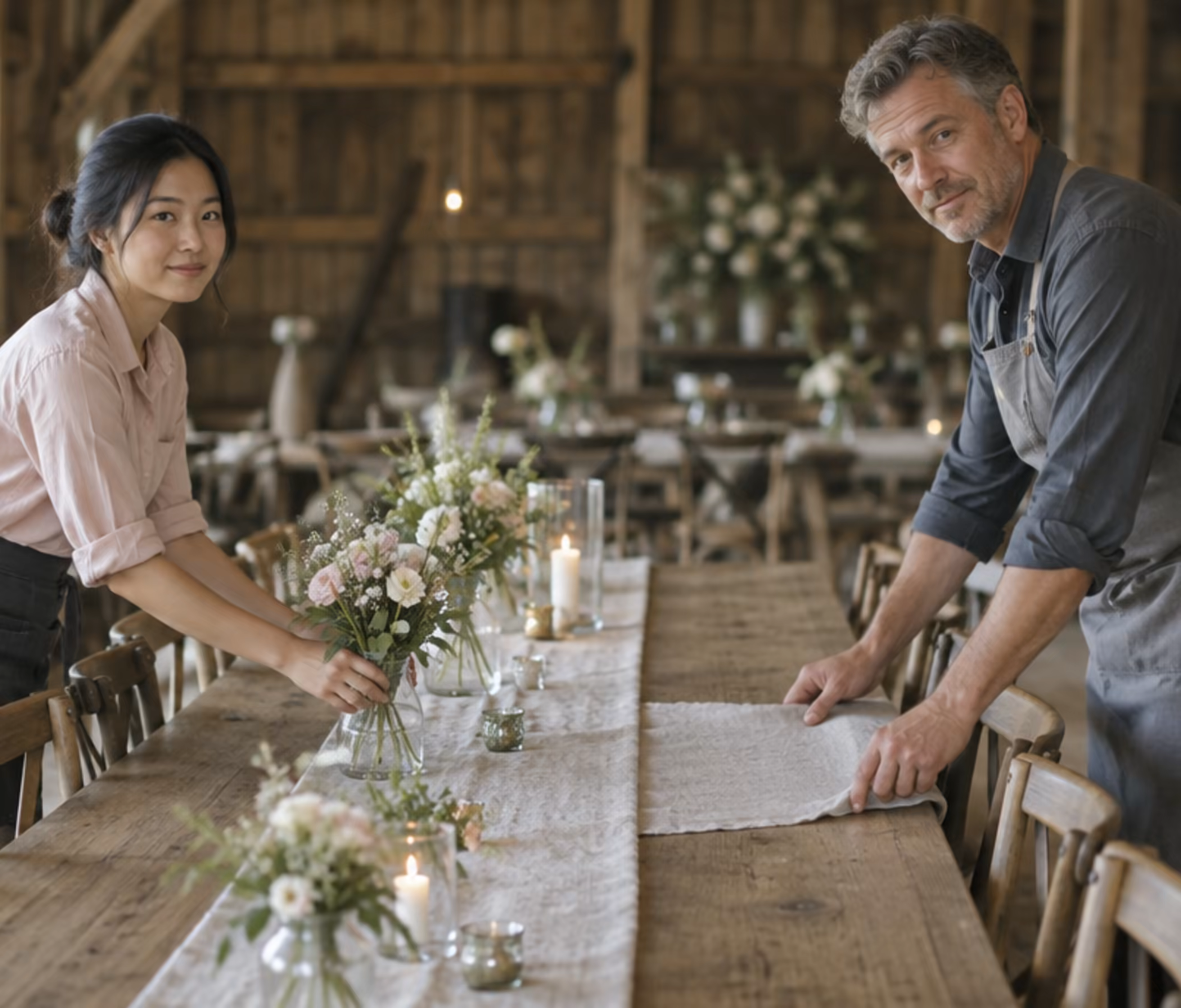 Two members of the barn team dressing a long table with flowers