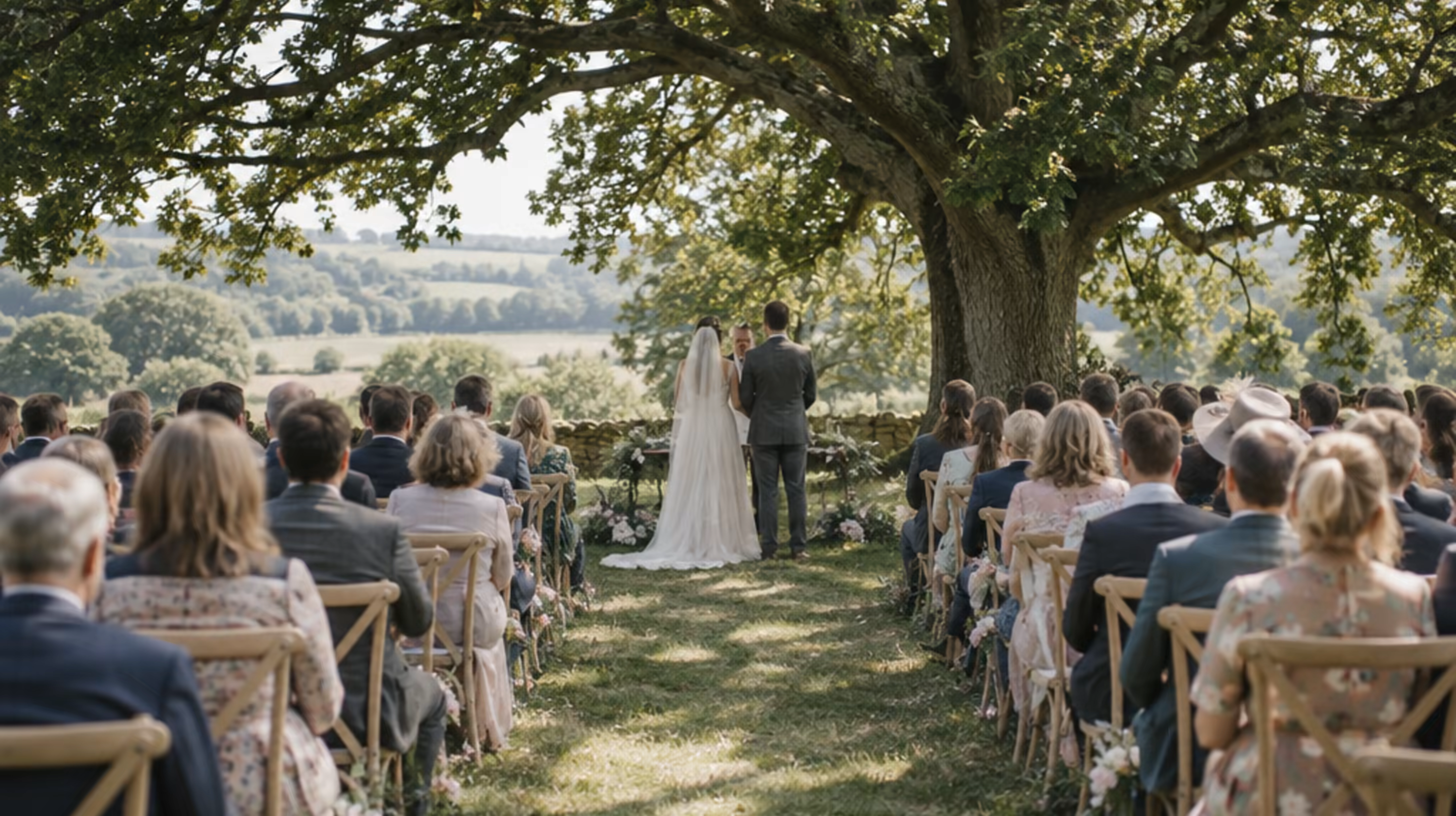 Guests seated for an outdoor ceremony under the oak