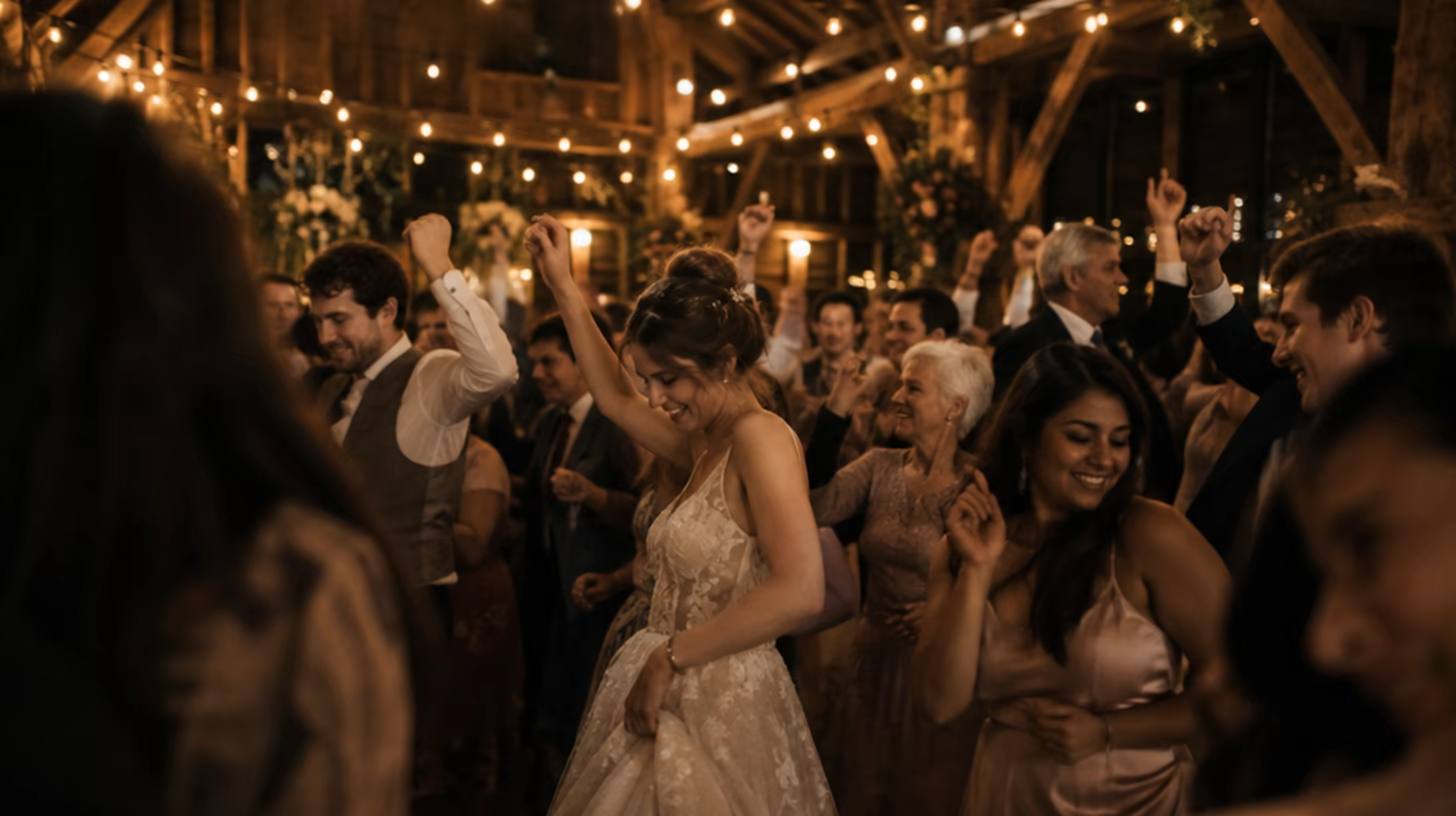 Guests dancing in the barn under festoon lights