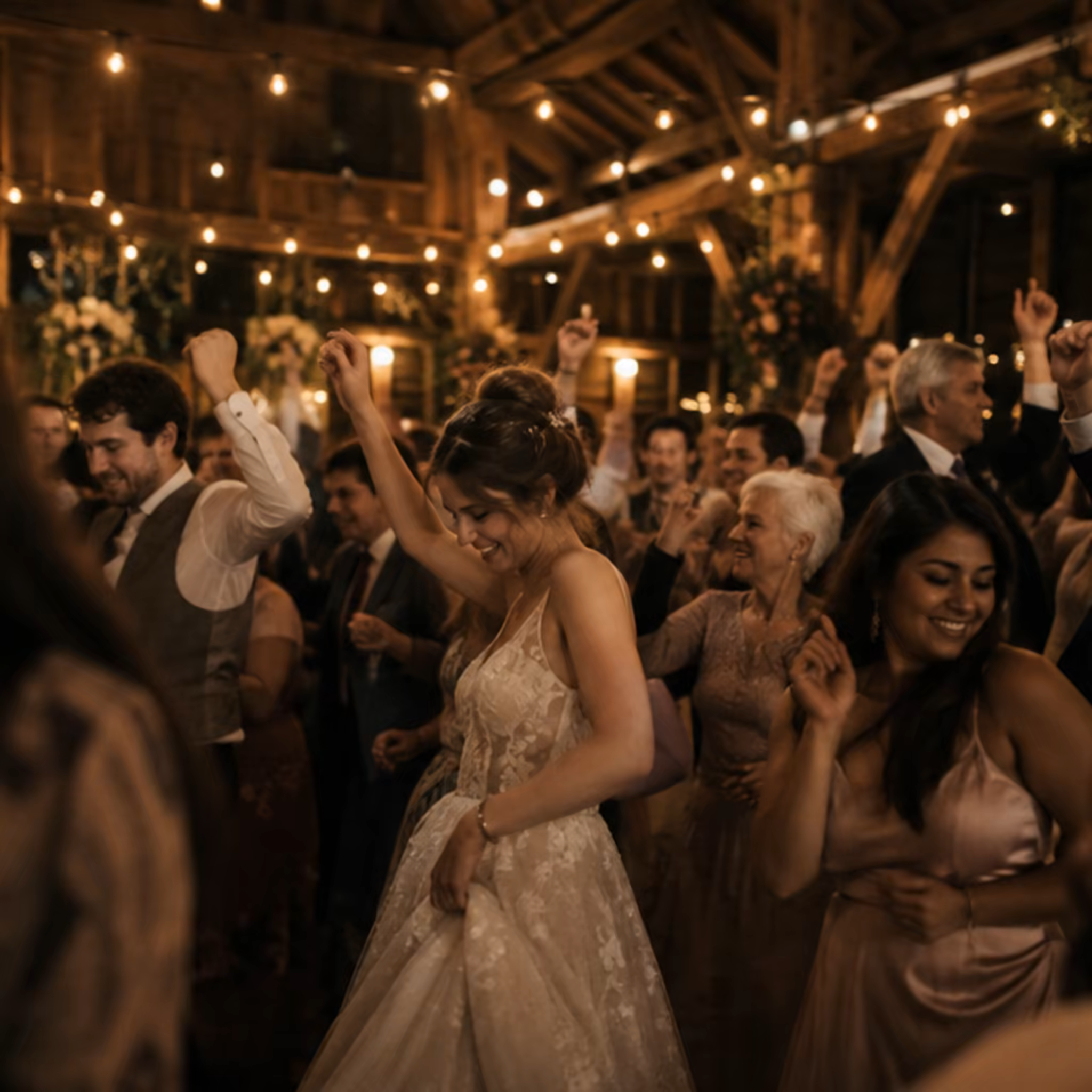 Guests dancing in the barn under festoon lights