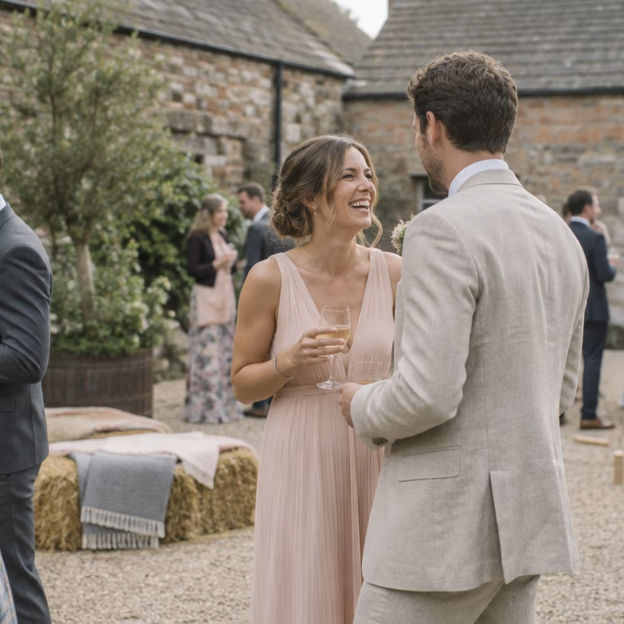 Guests with drinks in the walled courtyard