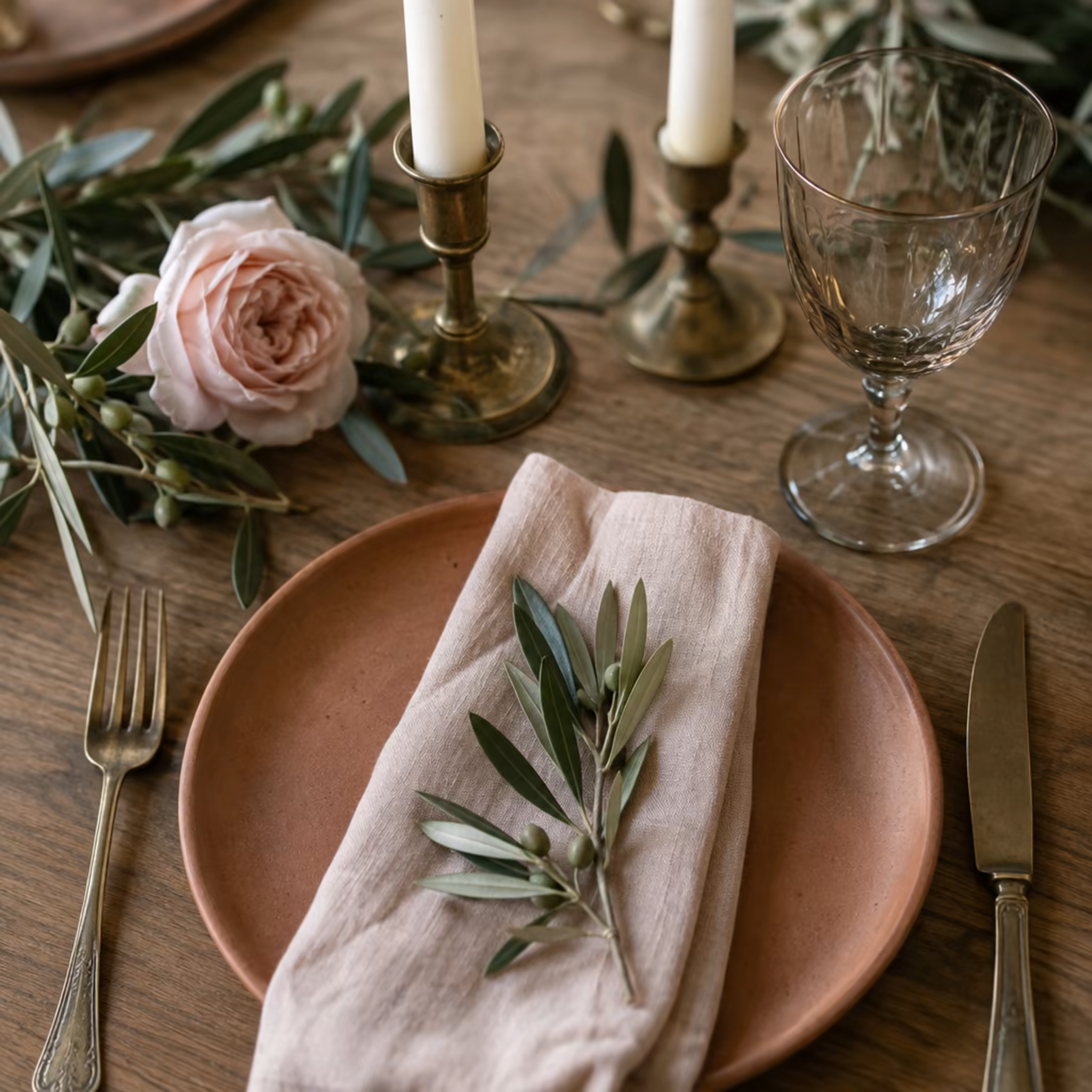 A table setting with candles and blush linen