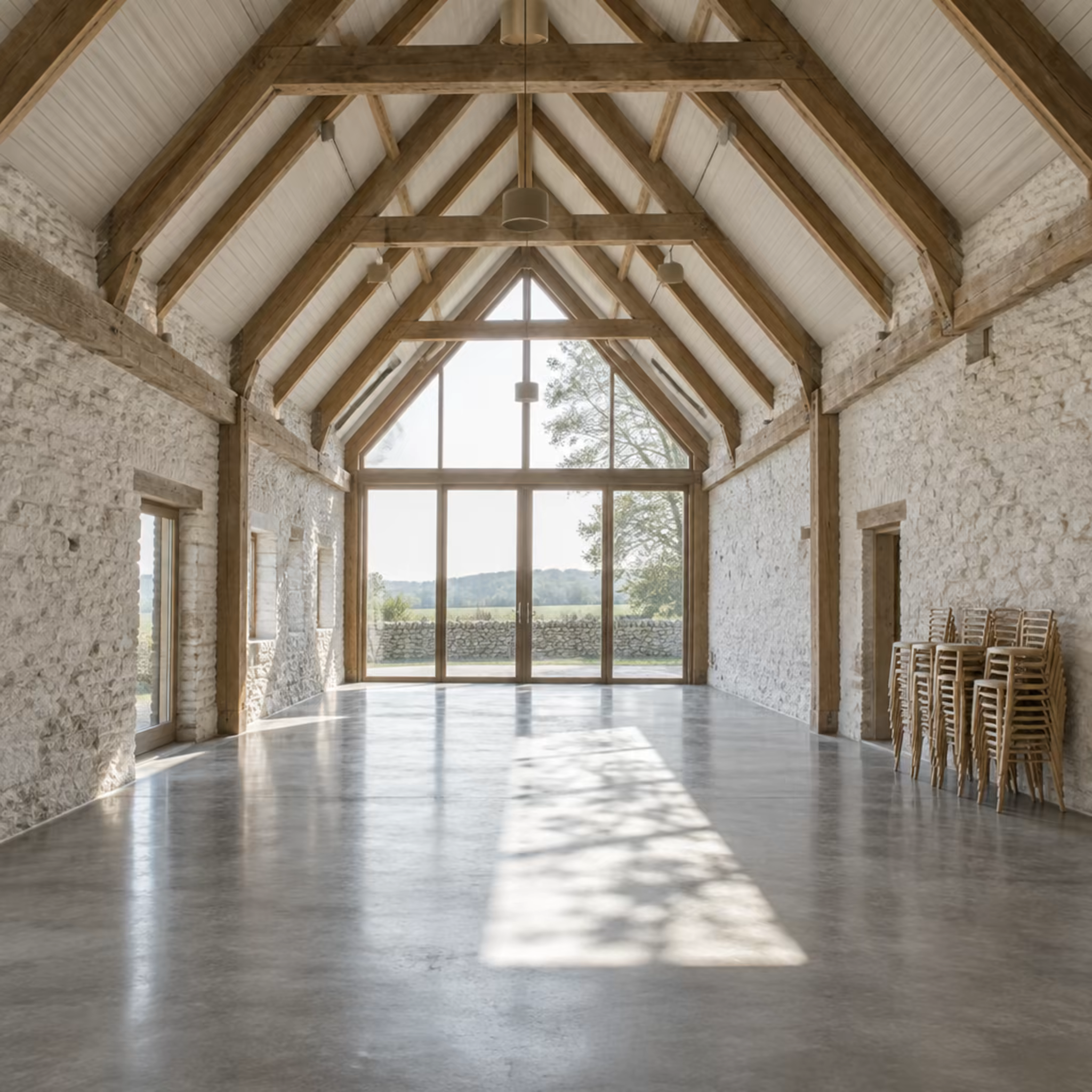 The empty barn interior with oak beams