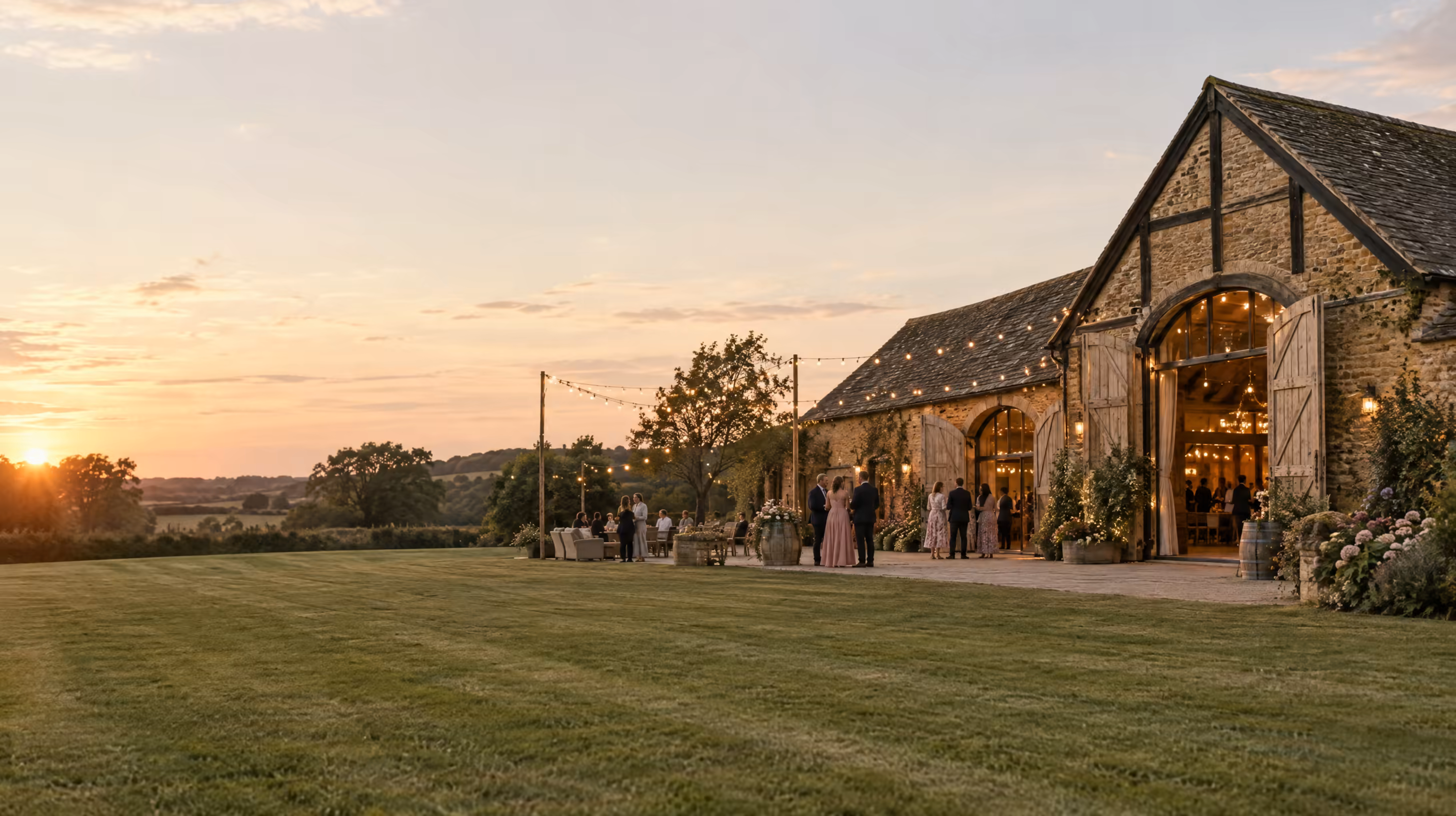 The barn seen across the lawn at golden hour