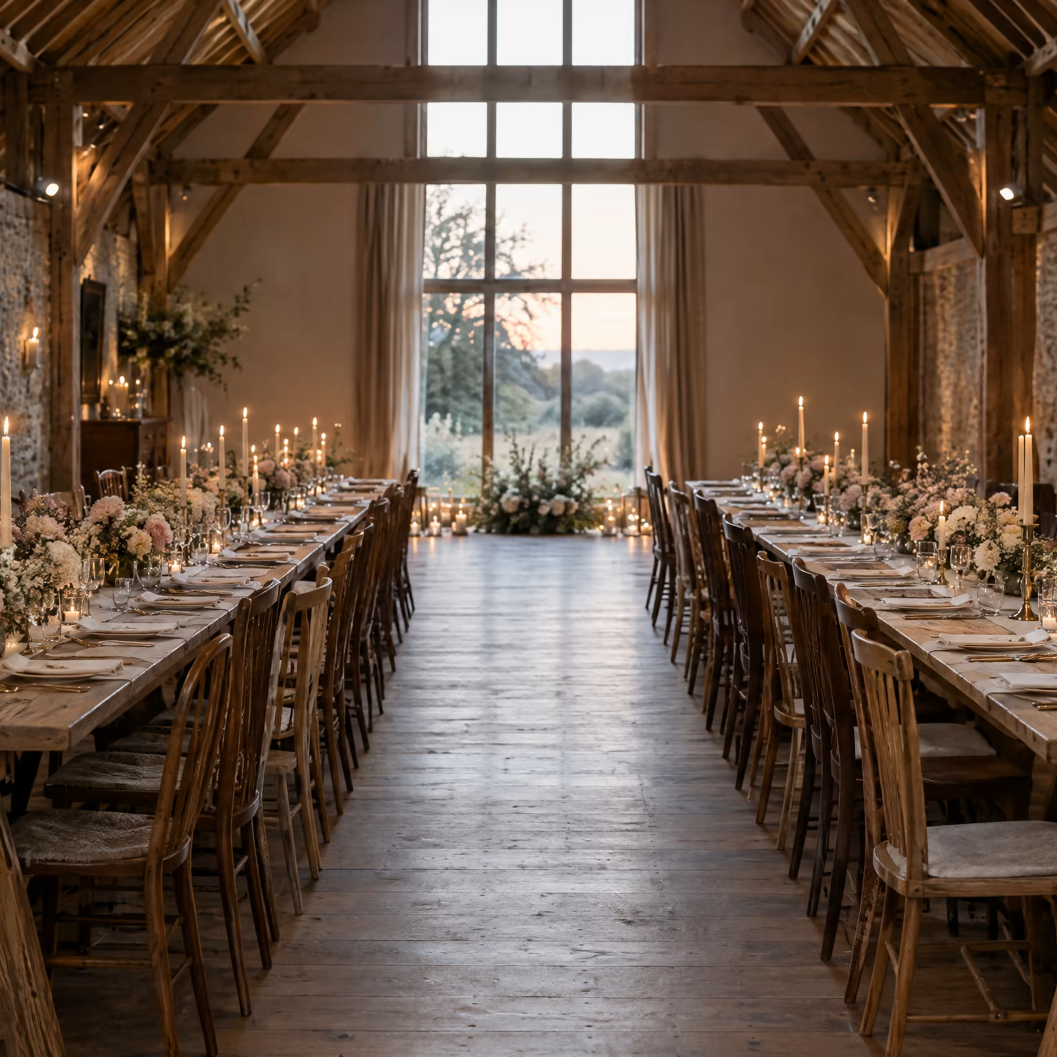 Long oak tables dressed for a wedding dinner in the barn
