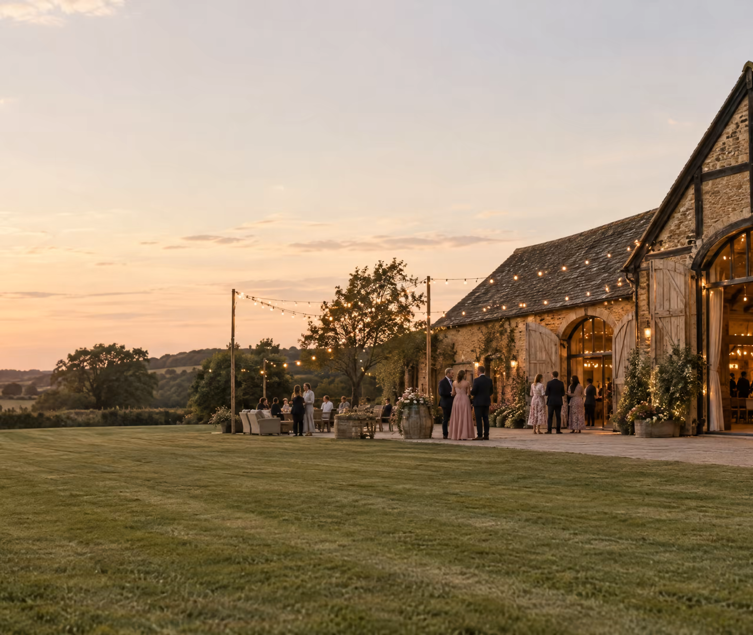 The barn at Hartwell seen across the lawn at golden hour