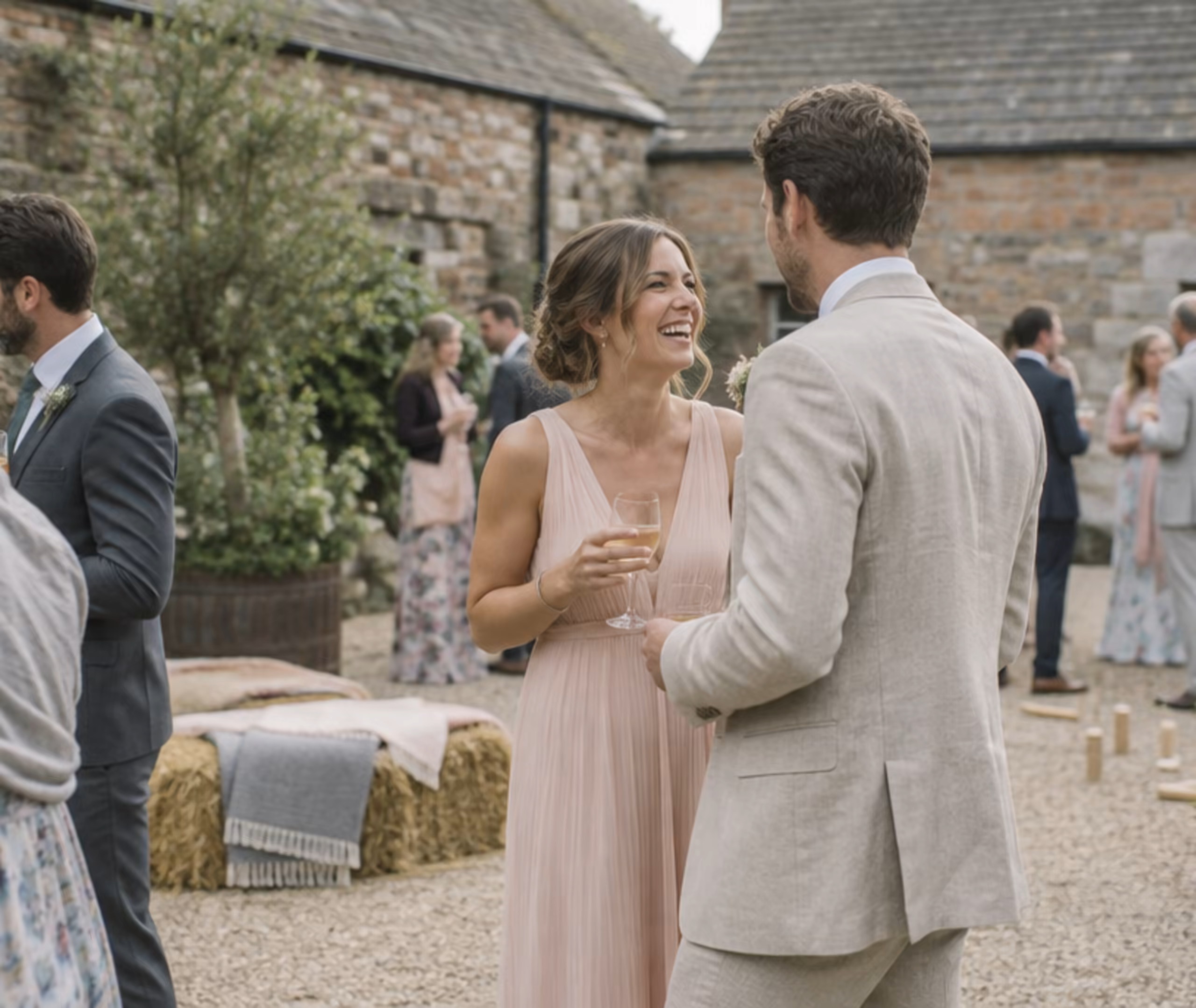 Guests standing with drinks in the walled stone courtyard