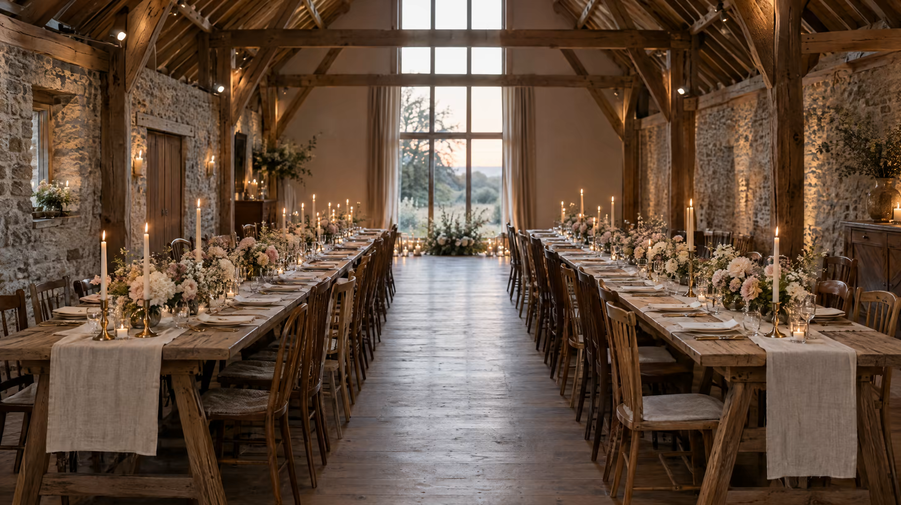 Long oak tables dressed for a wedding dinner in the barn