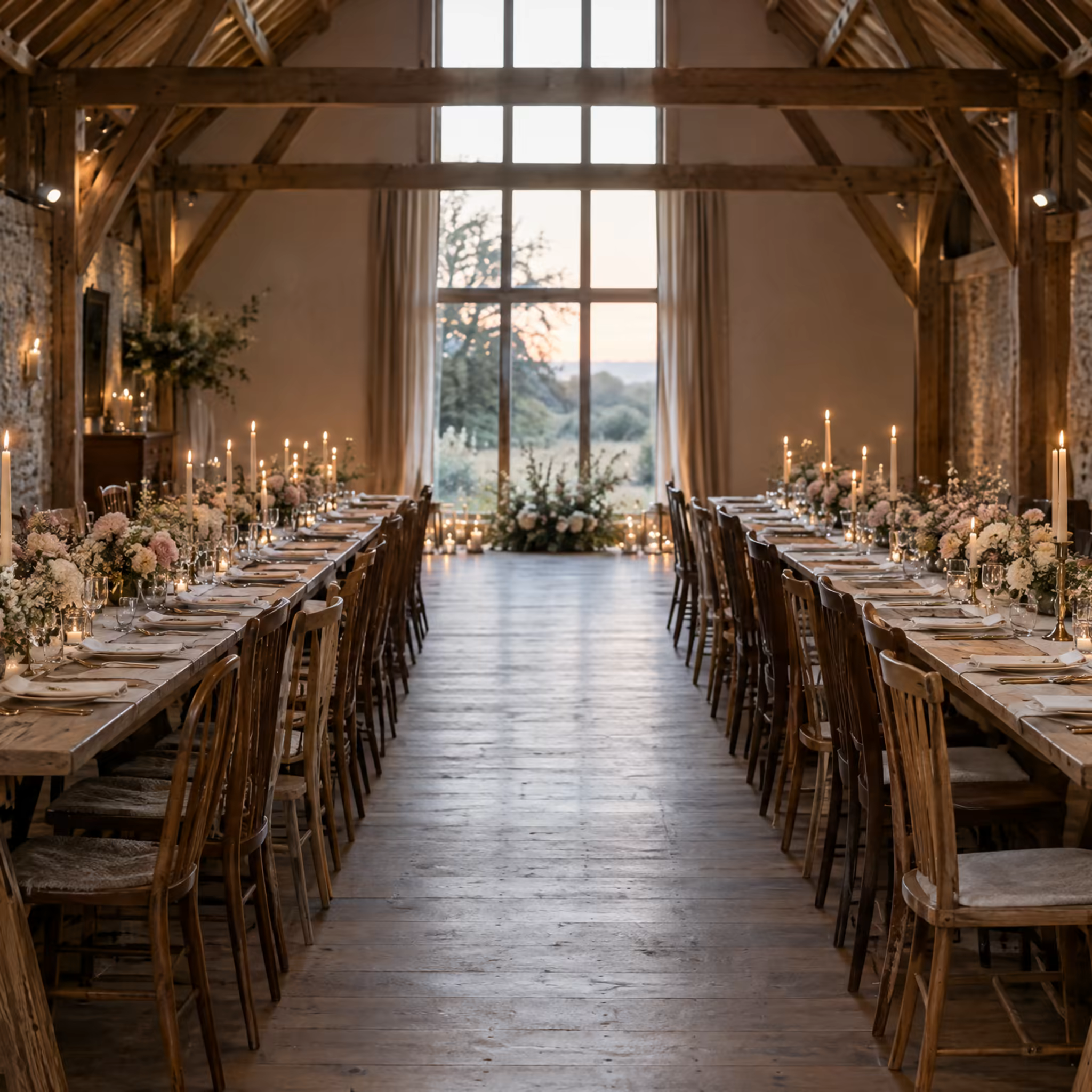 Long oak tables set for a wedding lunch in the barn