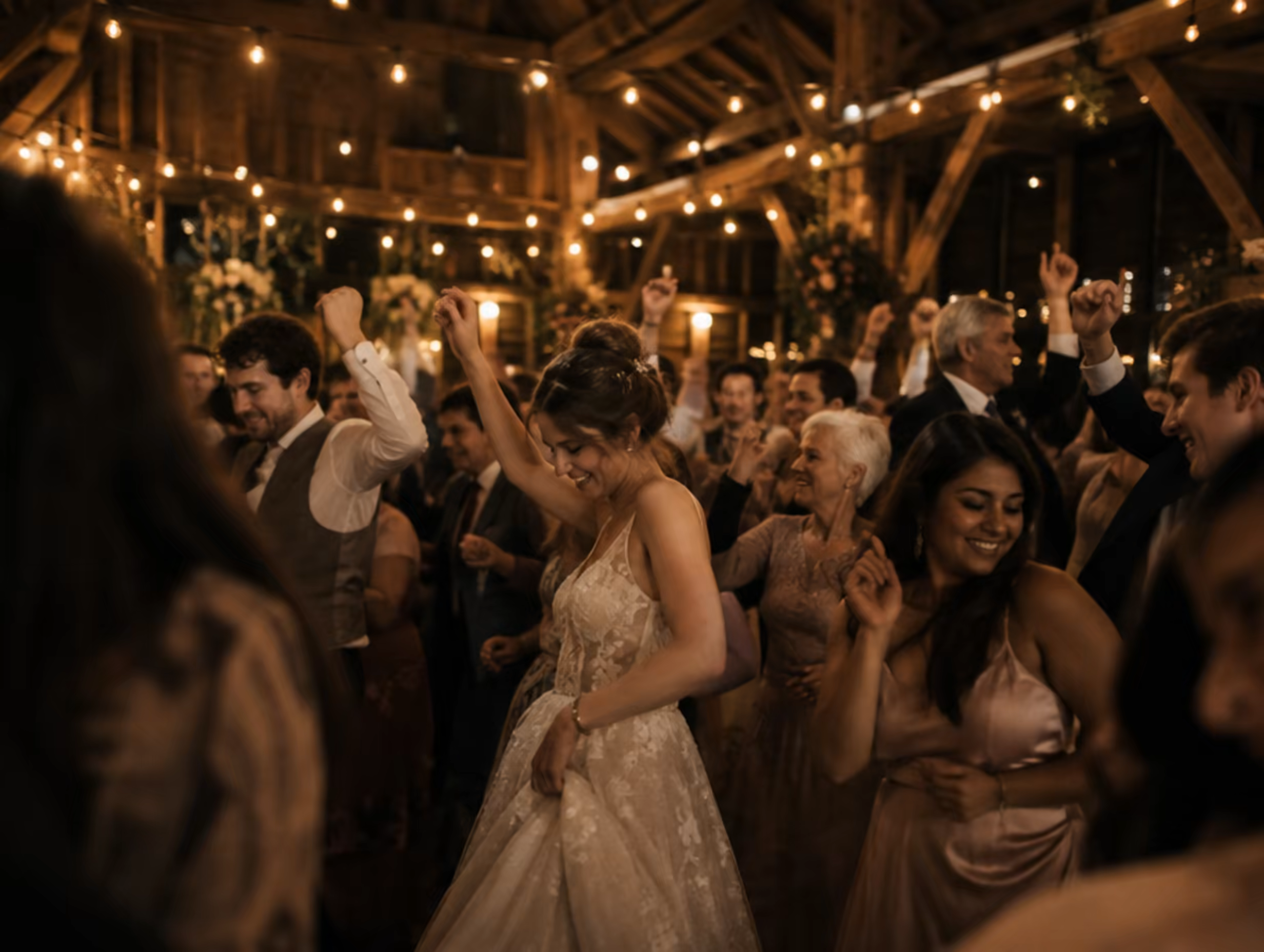 The barn interior at night with festoon lights and guests