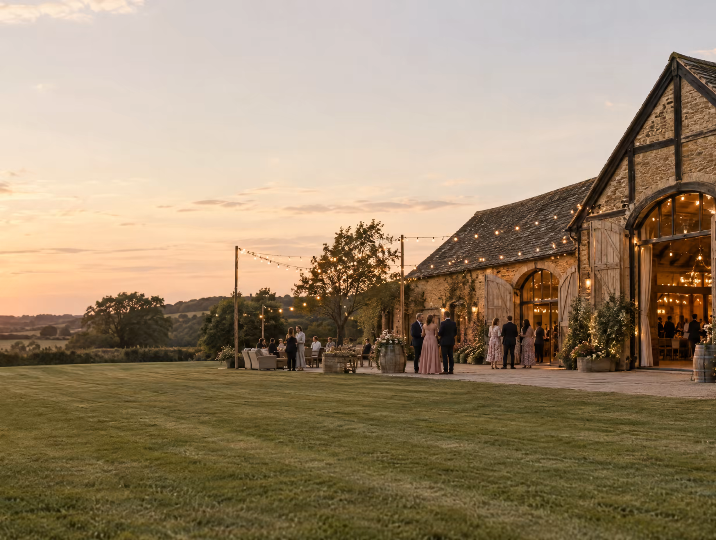 The barn and lawn at Hartwell in the late afternoon