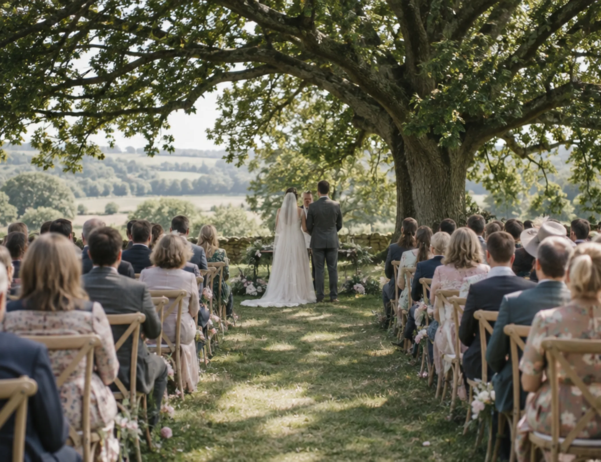 Guests seated for an outdoor ceremony under a spreading oak tree