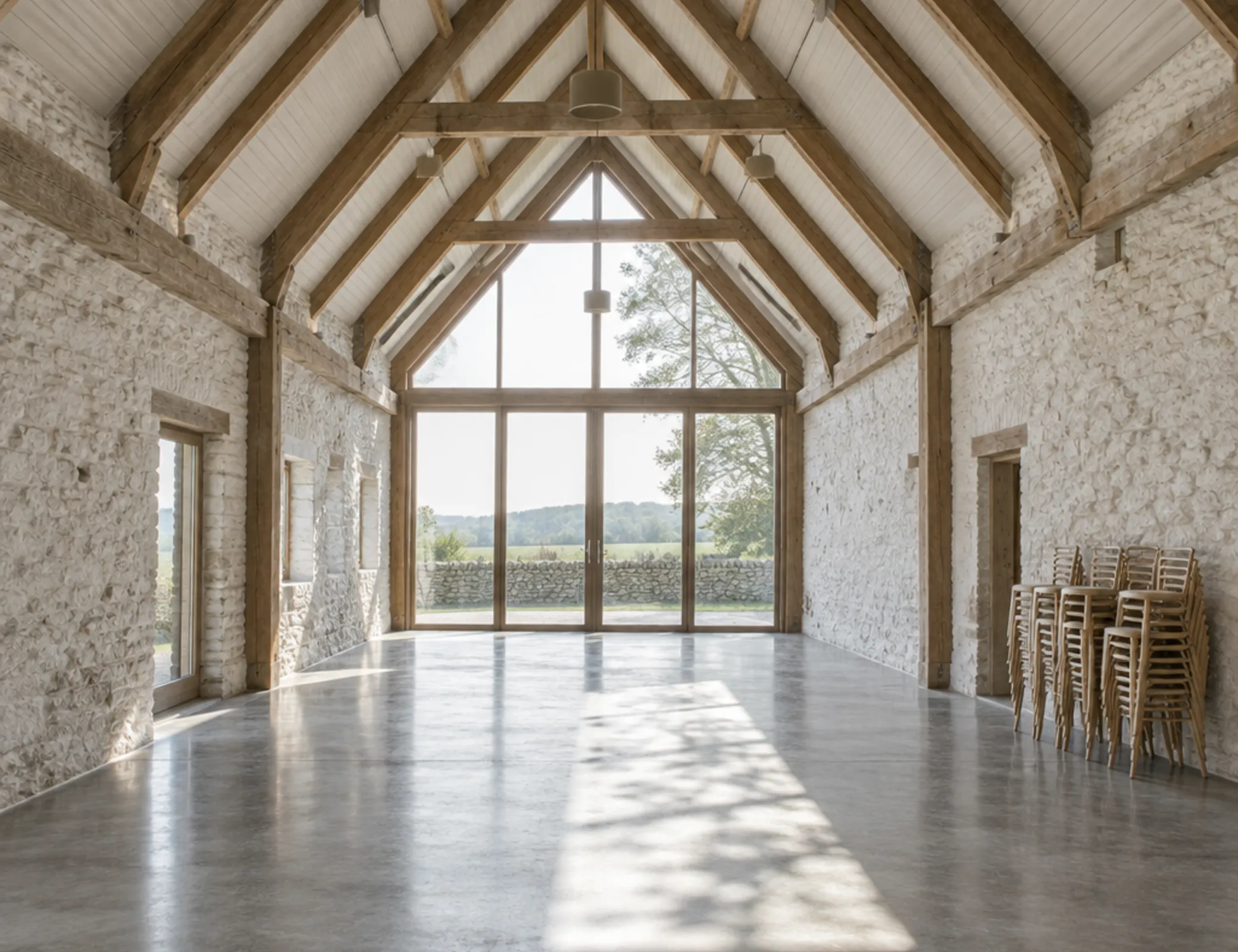 The barn interior with sunlight falling across a concrete floor