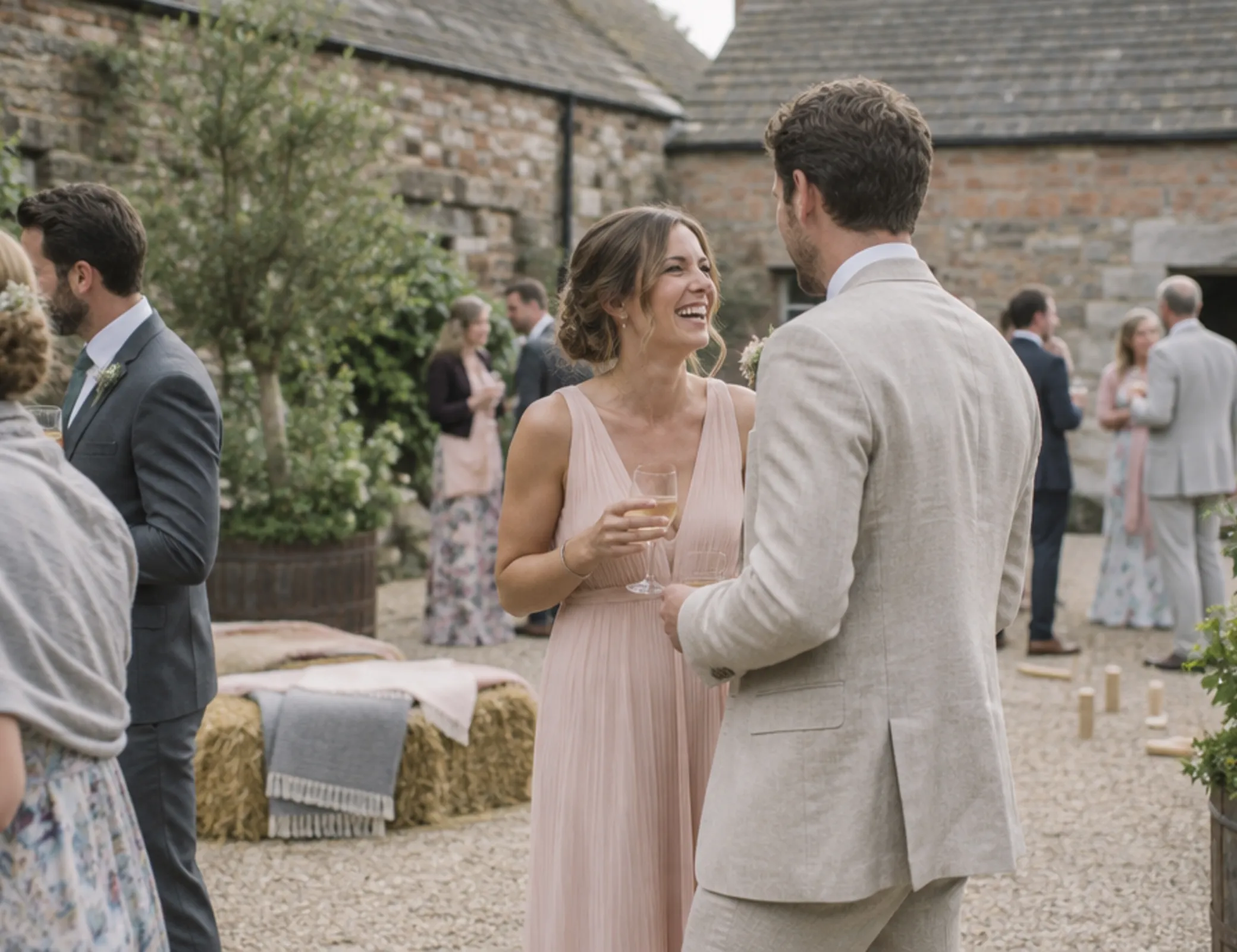 Wedding guests with drinks in a walled stone courtyard