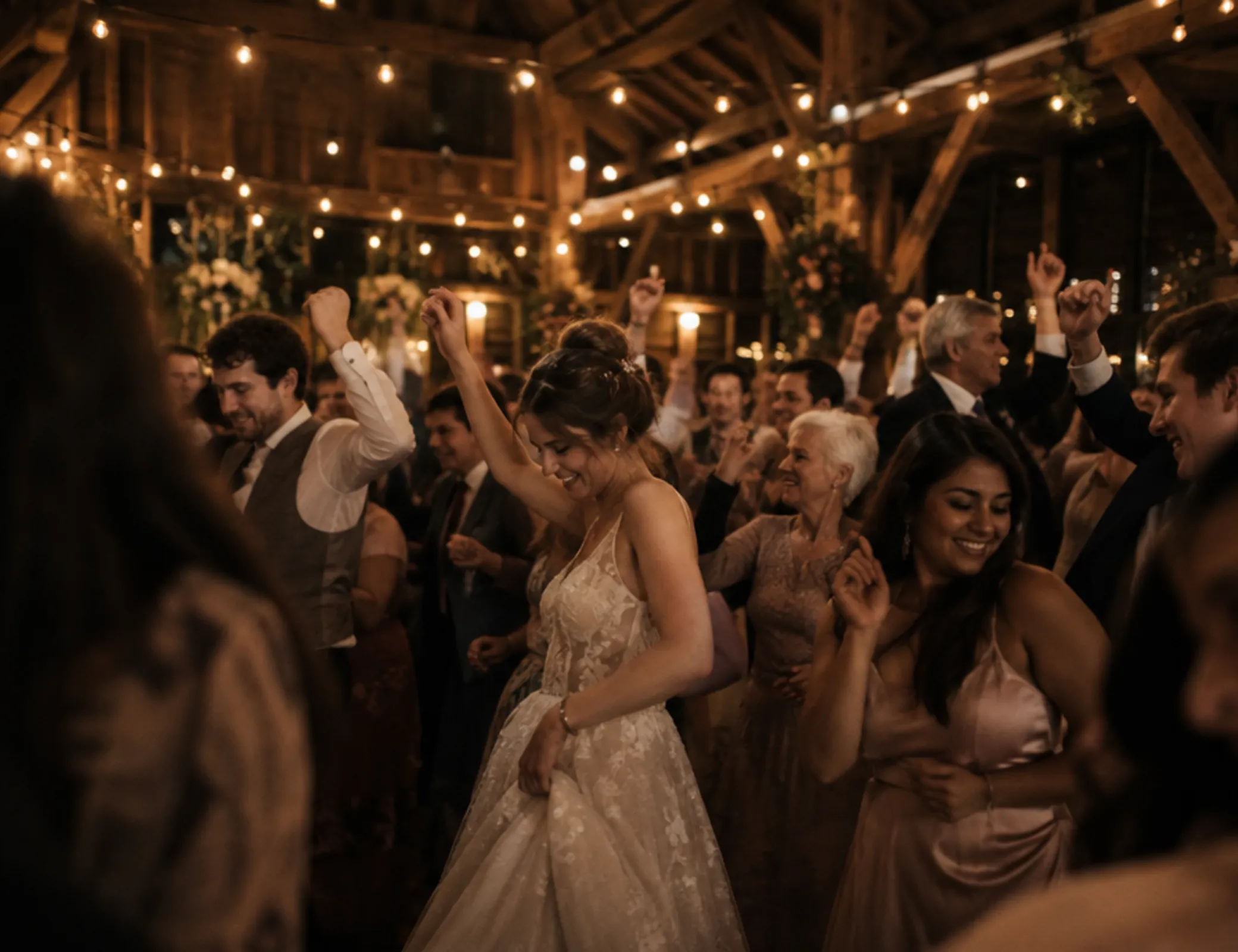 Wedding guests dancing in a barn lit by festoon bulbs