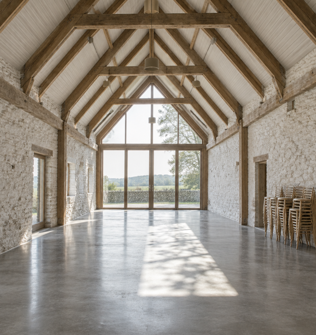 The empty barn interior with oak beams and a glazed end wall