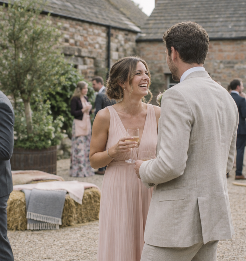 Guests standing with drinks in the stone courtyard
