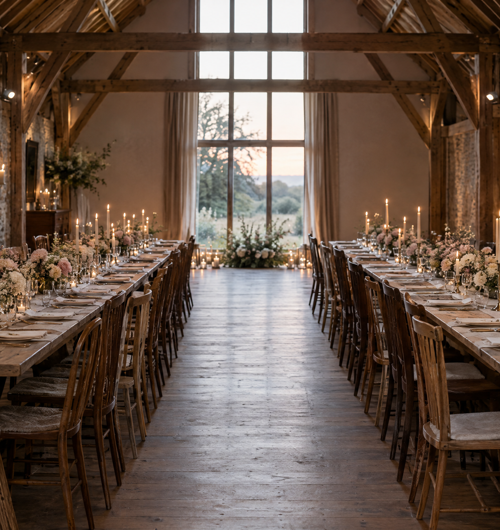 Long oak tables dressed with linen runners and candles
