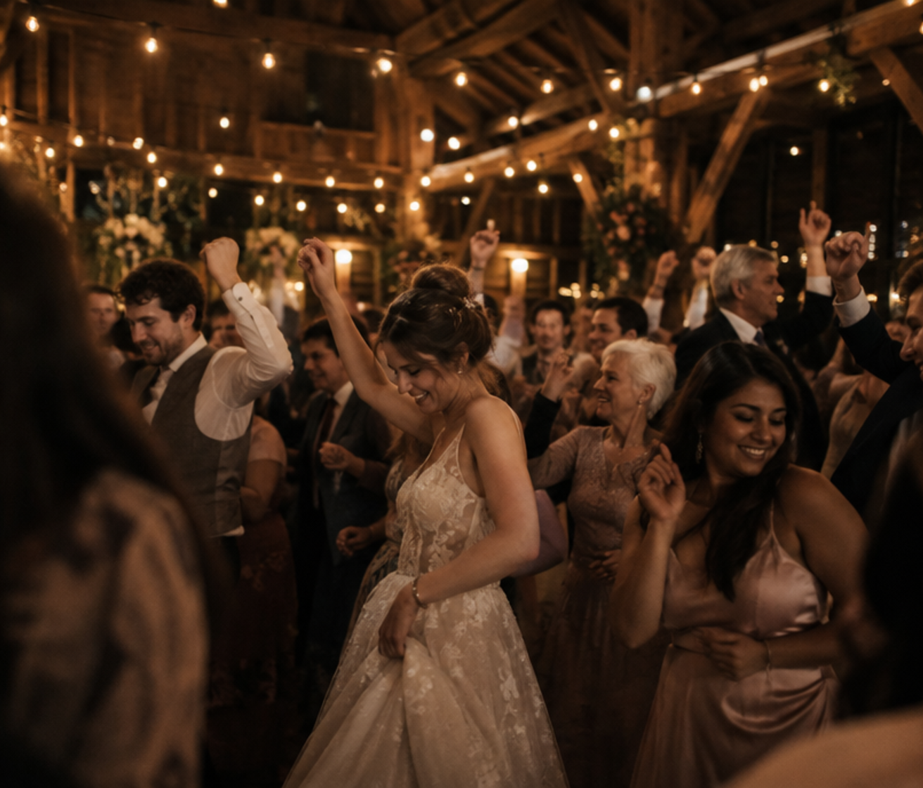Guests dancing in the barn under festoon lights