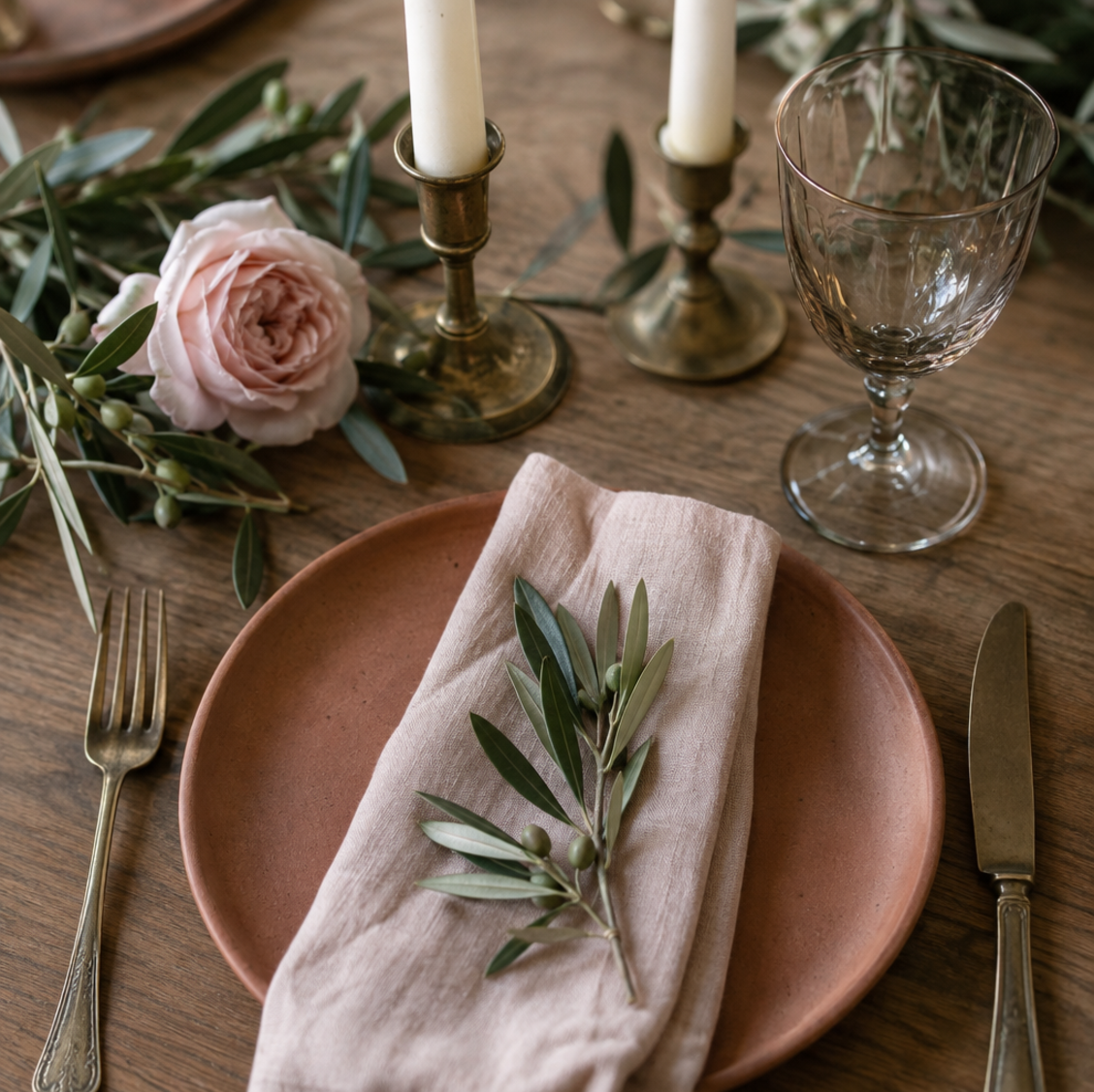 A close view of a table setting with candles and blush linen
